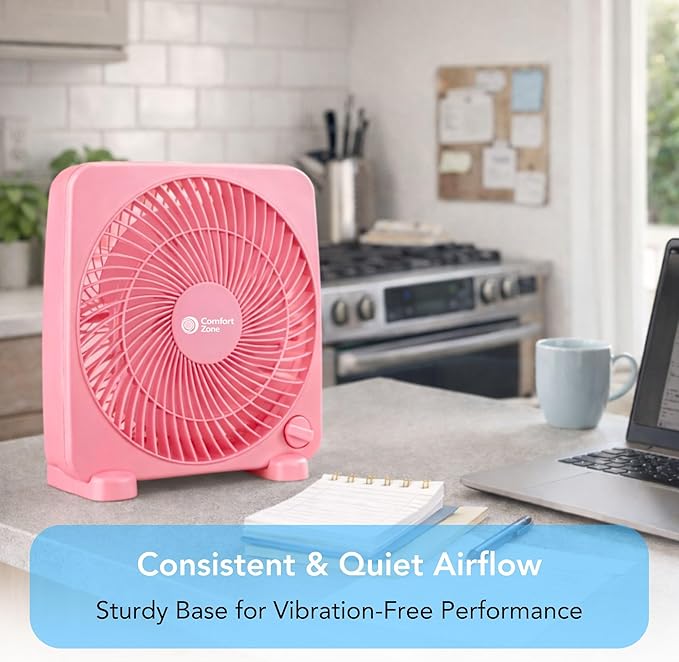 Comfort Zone 9-inch Portable Box Fan – Compact Desktop Cooling Fan with 3-Speeds, Quiet Operation, Built-in Carry Handle & Safety Grill – ETL Listed for Home, Office, or Dorm – Pink