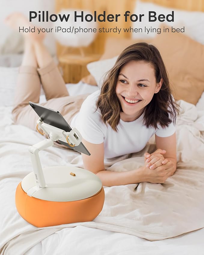 SAIJI Tablet Pillow Stand, Kindle Holder Compatible with 4.7-15.6” Kindle, Phone, Portable Monitor, 360° Adjustable Tablet Stand for Bed with Flexible Dual Axis Arm&Microbead Cushion (Orange)