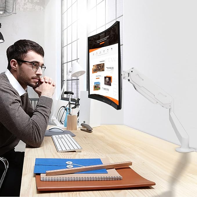 Pholiten Single Monitor Mount, Fully Adjustable Gas Spring Single Monitor Arm for up to 32 inch Screens, Computer Monitor Stand for Desk Holds up to 24lb, VESA 75/100mm, White