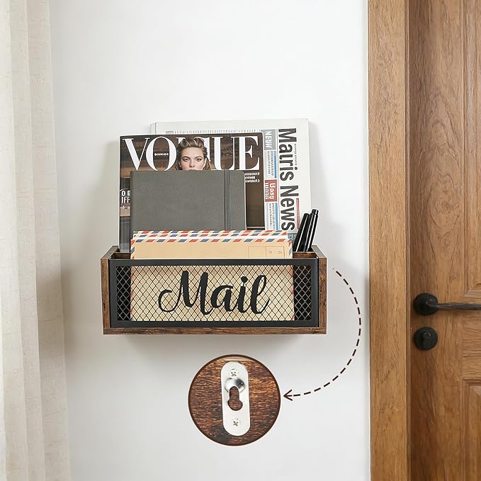 Mail Organizer Countertop, Rustic Farmhouse 2-Slot Wood & Iron Mail Holder, Retro Wall Mounted or Desk Entryway Letter Bill Envelope Sorter, No Assembly