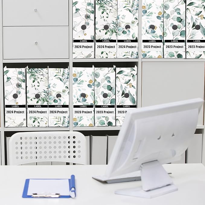 PerKoop 12 Pcs Decorative Magazine File Holders Floral Foldable File Folders Magazine Storage Boxes Rack Desk Organizer Documents with Printable Labels for School Office Home (Eucalyptus Leaves)