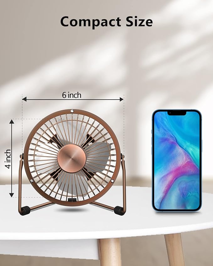 Zuvas Desk Fan Quiet Small USB Fan 360° Rotation Portable Table Fan 2 Speed Mini Personal Fan Air Cooling Electric Fan for Home Office Bedroom Travel Camping, 4 inch Bronze