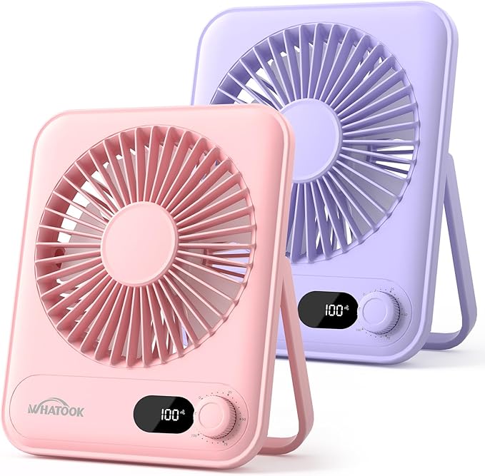 WHATOOK Desk Fan 2 Pack: 100 Speeds Stepless Control 2000mAh Battery Operated Portable Fan, Rechargeable Table Fan for Cruise Ship Essentials, Gift for Couples, Dorm, Office, Bedroom(Pink and Purple)
