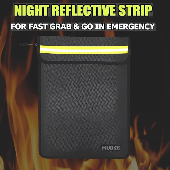 Fireproof Waterproof Money Document Bag - 15"x 11" Safe Zipper Bags with Reflective Strip, Fire & Water Proof Storage Organizer Pouch for Important Documents Holder,File,Cash,Passport,Tablet (Black)