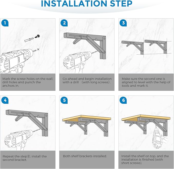 Home Expert 12 Inch Folding Shelf Brackets, 2 Pack (1 Pairs) Heavy Duty Metal Collapsible Wall-Mounted Brackets, Space-Saving DIY Foldable Shelf for Benches and Tables, Matte Black
