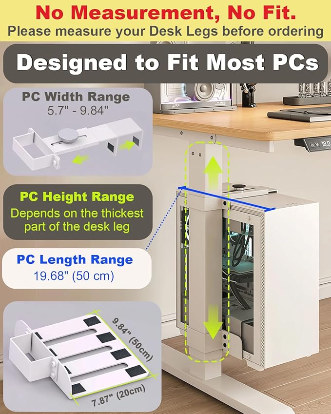 Under Desk PC Mount - No Drilling 40 lb Capacity, CPU Holder Under Desk, Adjustable Height and Width, Clamp-on Desk Leg PC Mount for Standing Desk (Fits 80mm×50mm Legs only), with Non-Slip Pads, White
