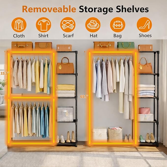 Simple Deluxe Clothes Rack, Heavy Duty Clothing Rack, 4-Shelf Portable Adjustable Wardrobe Closet with Hanging Rods, 43.8" W x 15.7" D x 64.9" H, Black