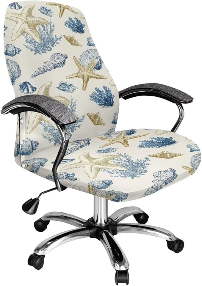 Talayituse Starfish Conch Coral Print Office Chair Covers, Stretch Computer Chair Cover, Universal Boss Chair Covers Modern Simplism Style High Back Chair Slipcover, Large