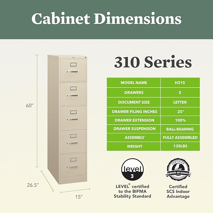HON 5 Drawer Vertical File Cabinet with Lock, Metal Filing Cabinets with 5 Drawer Letter File for Offices, Hanging Files, and Vertical Letters, 26.5" Deep, Putty