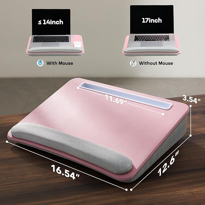 HUANUO Laptop Lap Desk - Portable Lap Desk with Pillow Cushion, Fits up to 15.6 inch Laptop, with Anti-Slip Strip & Storage Function for Home Office Students Use as Computer Laptop Stand - Pink