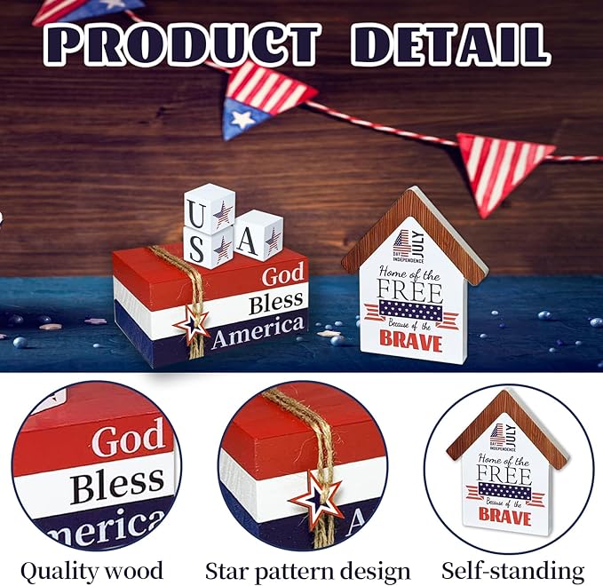 4th of July Wooden Book Stack Sign with Stars Blocks and House Shape Sign Patriotic Memorial Day Tiered Tray Decoration Tabletop Centerpiece Decor for Home Office Table Mantel Shelf