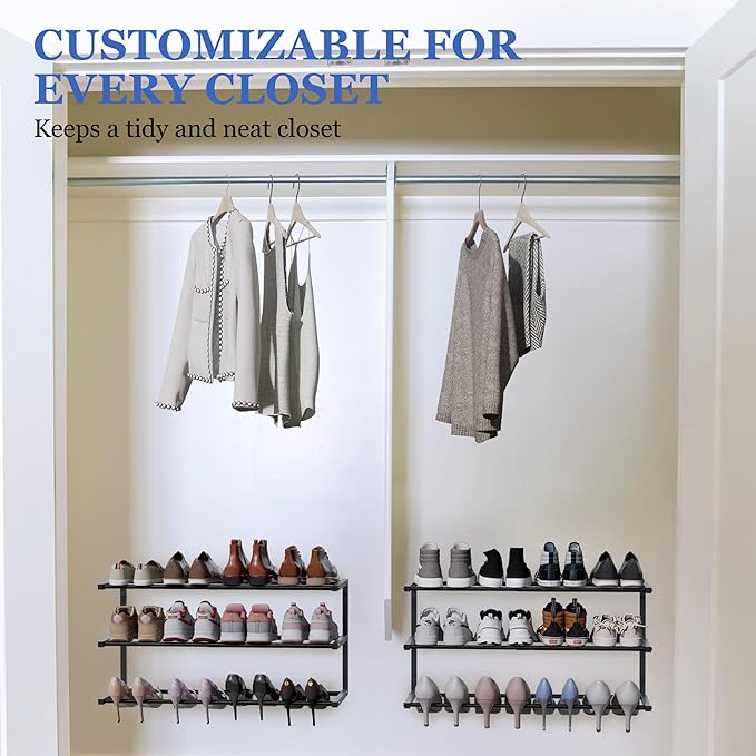 Wall Mounted Shoe Rack, 3 Tier Hanging Shoe Rack Holds 12 Pairs, 17"-30" Adjustable Heavy Duty Metal Shoe Organizer Holder with 2 Storage Hooks, Space Saving for Closet Entryway Doorway（Black