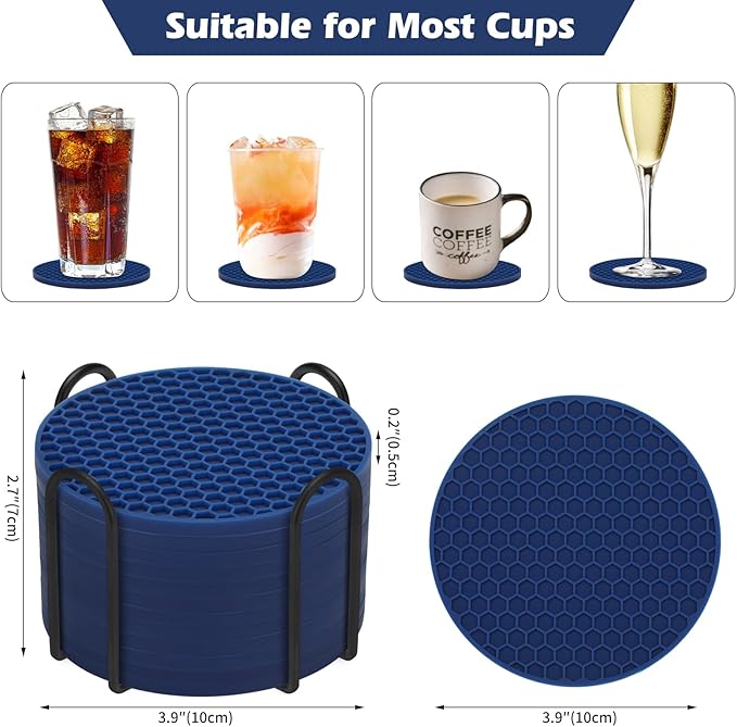 TWTLi Silicone Coasters Set of 8 Holder,Coasters for Drinks,Beer,Coffee Coasters,Suitable for Kinds Cups,Hot or Cold,Anti-SLI,Non-Stick,Anti-Overflow Tabletop Protection and Decor (12 Pcs, Navy Blue)