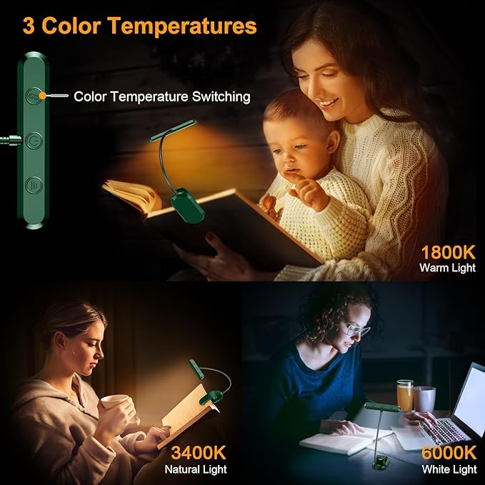 Gritin Rechargeable Book Light for Reading in Bed with 19 LED &Memory Function-Eye Caring 3 Color Temperatures,5 Brightness Levels,90 Hrs Runtime Flexible Goose Neck Clip on Light-Dark Green