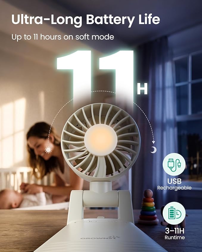 GROWNSY Portable Stroller Fan with Clip | Foldable Mini Fan for Carrier | Small Handheld Fan with Soft Night Light | Rechargeable 4-Speed Personal Fan for Travel/Desk/Bed/Backpack/Car Seat (Beige)