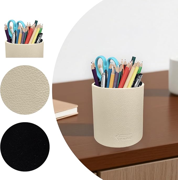 Leather Pen Holder, Beige Pencil Holder, Desktop Elegant Pen Holder for Desk, Stationery Organizer for School Office Home Dorm