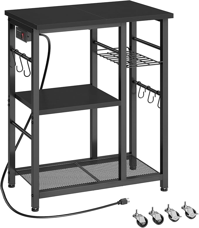 YATINEY Movable Bakers Rack, Microwave Stand with Charging Station, Kitchen Storage Rack with Hooks and Basket, Casters and Adjustable Feet, for Small Space, Kitchen, Dining Room, Black HB04UBB