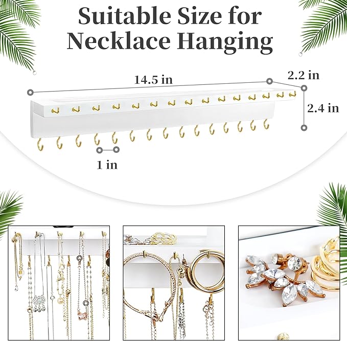 YYILIS Necklace Holder, Upgraded Extra Large Wall Necklace Organizer with 30 Hooks Wall Mounted Necklace Hanger with Jewelry Tray/Cosmetics Shelf Rustic Pine Wood Holder (White)