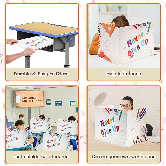 Privacy Folders for Student, 12 Pcs Cardboard Privacy Shield Folder Boards, Desk Dividers for Students, Classroom Divider Shield for School Teachers Home (Never Give Up)