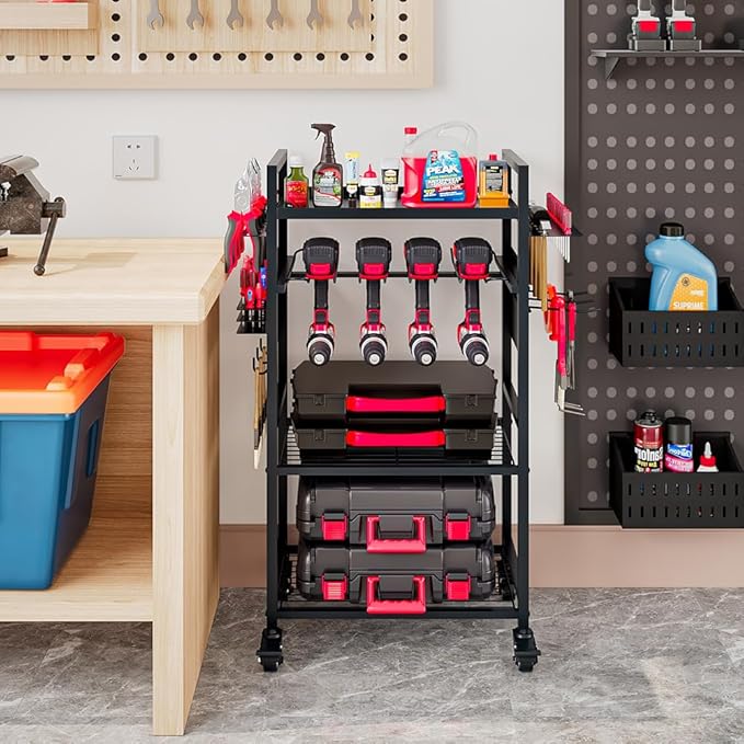 INGIORDAR Large Power Tool Organizer Cart, Garage Floor Standing Rolling Drill and Tools Battery Storage Cart on Wheels, Heavy Duty Utility Rack Shelf,Utility Rack Gift for Men, Husband, Father.