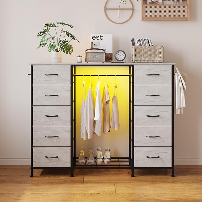 LUMTOK 55W 2-in-1 Dresser with Hanging Rack, 10 Drawers Dresser for Bedroom,Dressers with Fabric Drawers,LED Lights, Charging Station and Hanging Racks for Bedroom (Greige)