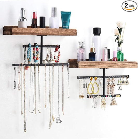 Keebofly Hanging Wall Mounted Jewelry Organizer with Rustic Wood Jewelry Holder Display for Necklaces Bracelet Earrings Ring Set of 2 Carbonized Black,[Patented]