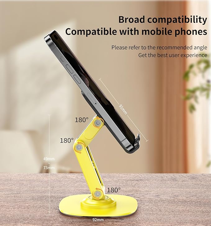 360° Rotating Cell Phone Stand for Desk, Adjustable & Foldable Phone Holder, Aluminum Desktop Phone Stand with Anti-Slip Base, Compatible with iPhone, iPad, Android Phones, K69-Yellow