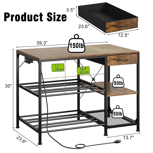 3D Printer Table with Filament Storage, 3-Tier 3D Printer Stand with Power Outlet & Drawer, Heavy Duty 3D Printer Rack for Workshop Studio Office (Brown)