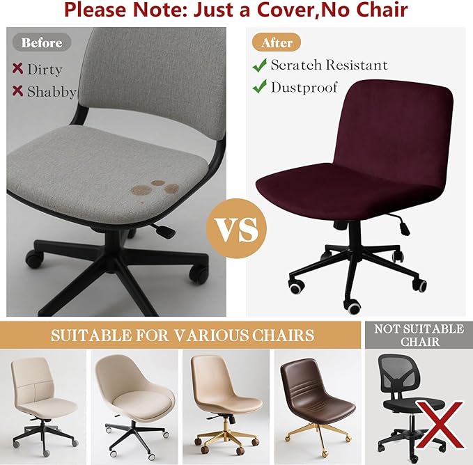 NICEEC Criss Cross Chair Cover Armless Office Dorm Desk Chair Covers Vanity Chair Covers Computer Mid Back Wide Seat Chair Without Arms Protector Spandex Stretch Slipcover WineRed(No Chair Only Cover)