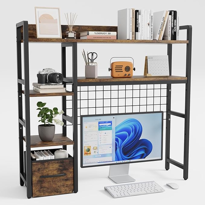 Desk Hutch for Computer Monitor, 38.6" Over Desk Shelf with Grid Panel & Woven Drawer, 4-Tier Sturdy Metal and Wood Tabletop Storage Rack for College Dorm, Home Office, Rustic Brown