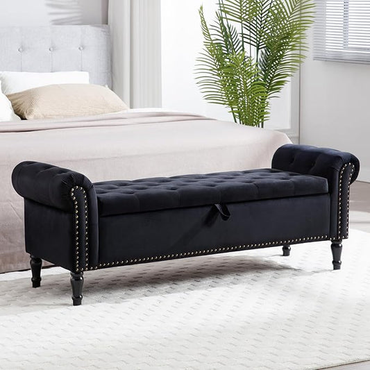 67'' Storage Bench for Bedroom End of Bed, Storage Bench for King Size Bed, Upholstered Tufted Storage Ottoman Benches with Arms for Living Room Entryway,Velvet Black