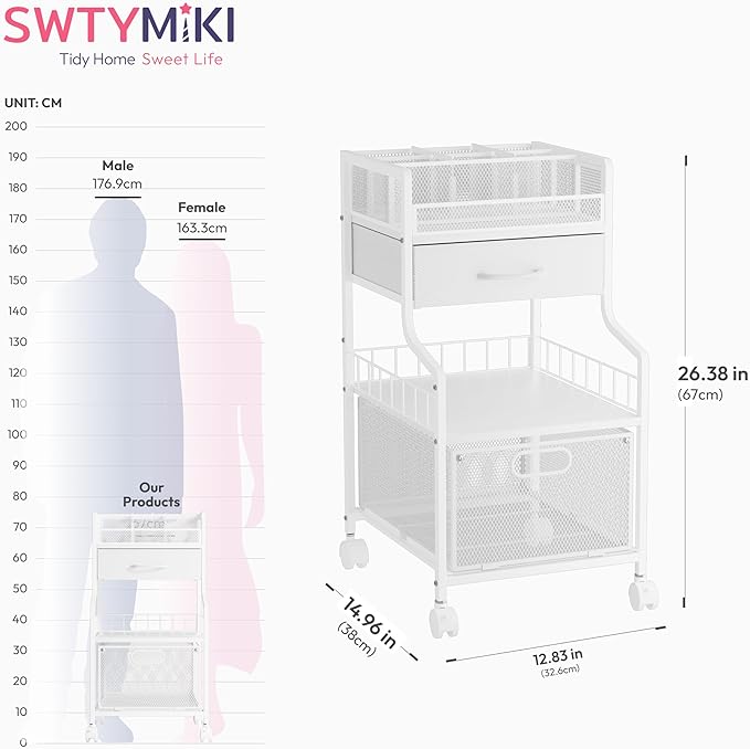 SWTYMIKI Rolling Under Desk Storage - Storage Cart with Drawers & DIY Divider - Art Cart Organizer on Wheels - Craft Rolling Utility Cart for Office, Craft Room & Studio White