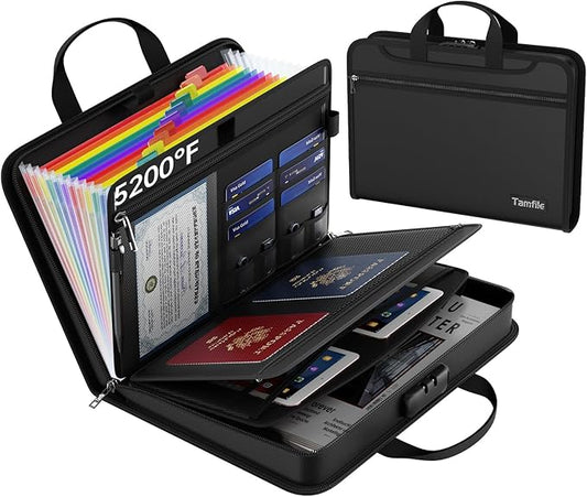 5200℉ Fireproof Accordion File Organizer with Lock, Thickened Document Organizer 13 Colorful Pocket with Labels, Important Document Organizer, Expanding File Folder with Handle for Letter A4 (Black)