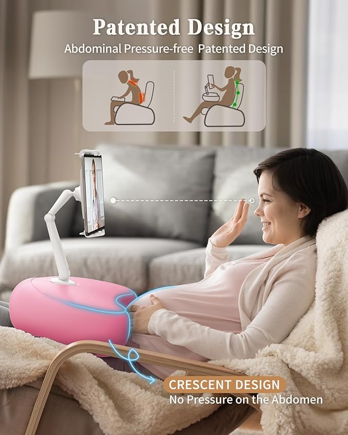 SAIJI Tablet Pillow Stand for Bed – iPad & Kindle Holder with Flexible Dual Axis Arm & Microbead Cushion, 360° Adjustable Lap Beanbag Phone Holder Fits Devices with 4.7"–15.6" Screens (Pink)