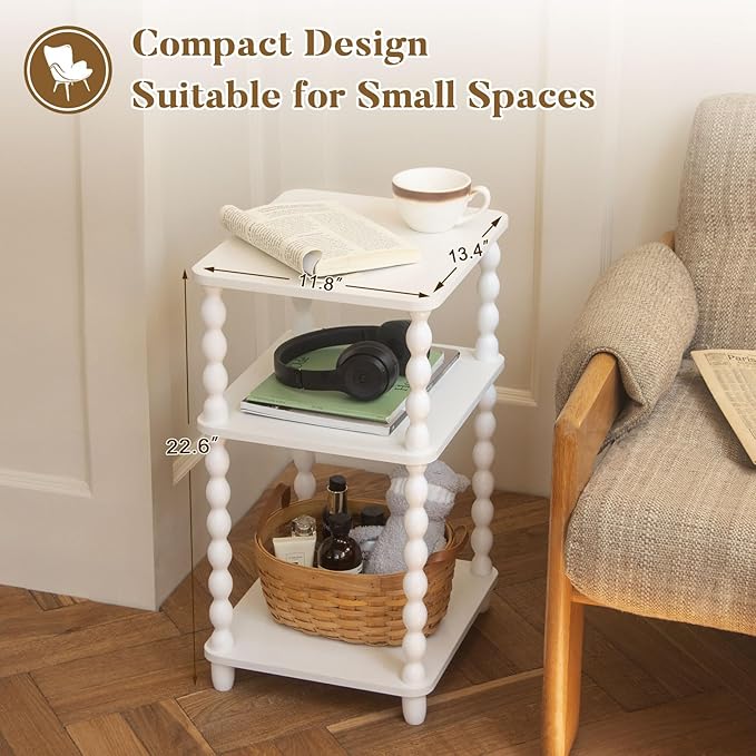 Fultyle End Table, Small Side Table with 3 Tier Open Shelf, Modern NightStand Bedside Table for Living Room, Bedroom, Office and Small Spaces (White)