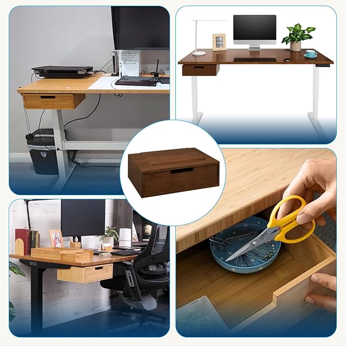 UPLIFTDESK Bamboo Under Desk Drawer – Desktop Storage with 17 lb Capacity and Safety Stop Slide, Undermount Drawer and Standing Desk Accessories for Home Office (Dark Bamboo)