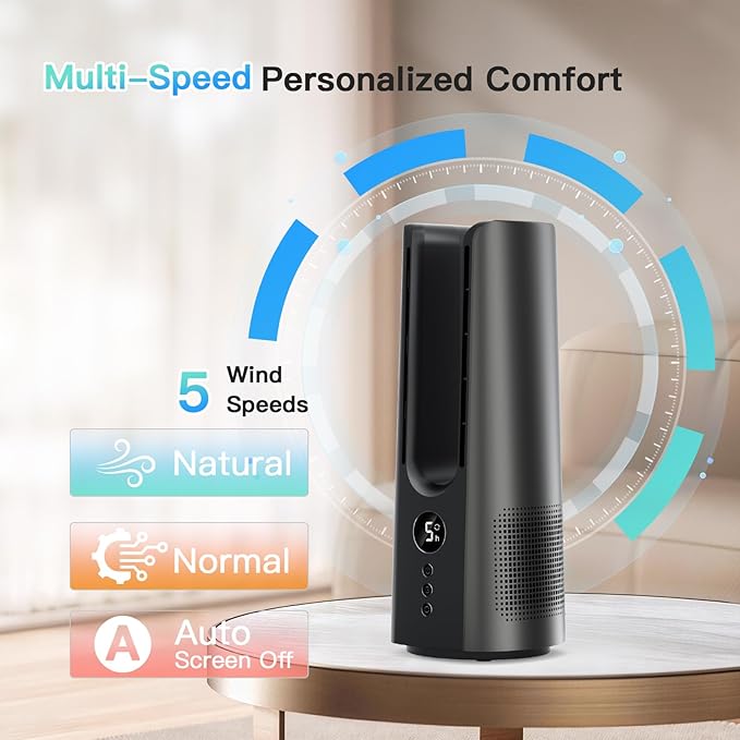 13 Inch Desk Fan, Portable Bladeless Fan, Small Quiet Table Fan with 60°Oscillating, 5 Speeds & 9H Timer, LED Display, Button Control, Easy to Clean, Personal Desktop Fan for Bedroom, Office, Home