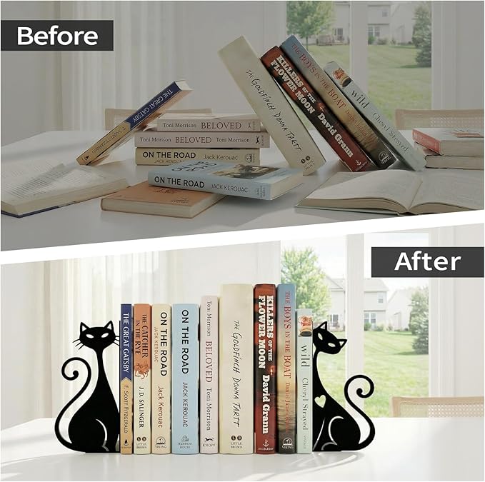 Atomic Cat Metal Bookends Set of 2 Cute Book Ends for Shelves Bookshelf Decorative Objects Home Office Desk Bookshelf Decor Gift for Cat Lovers and Reading Enthusiasts (Black)