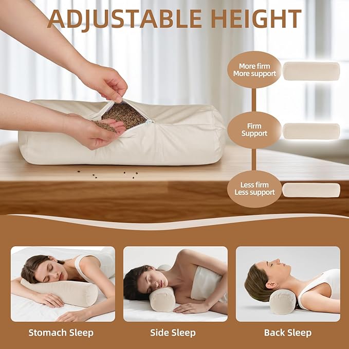 Buckwheat Pillow - Adjustable Buckwheat neck Pillow(17x6) to Provide Firm Support, Neck Roll Pillows for Side and Back Sleepers, Cylinder Bolster Pillows with Organic Pillowcase
