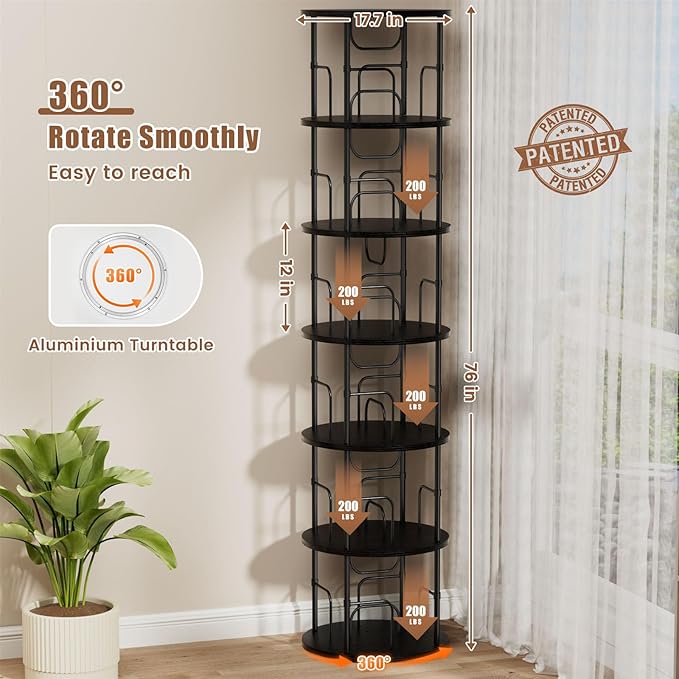 ALLSTAND 6 Tier Rotating Bookshelf, 360 ° Display Stackable Spinning Bookshelf Tower, Corner Bookshelf Tall Floor Standing Swivel Bookcase Narrow Storage Organizer for Bedroom, Living Room, Black