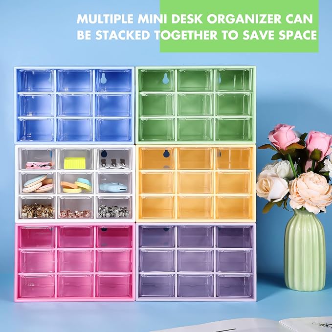 Rtteri 9 Pieces Mini Drawer Organizer Plastic Desktop Storage Box Desk Craft Organizer with 9 Clear Drawers for Office Home Jewelry Small Parts Belongings Cosmetics Collection, Wall Mounted (White)