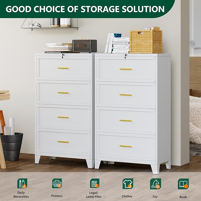 winiowa 4 Drawer File Cabinet, Metal Lateral File Cabinet with Lock, Locking Filing Cabinets for Home Office,Wide Office Storage Cabinet for Hanging Files Letter/Legal/F4/A4 Size (White, 4-Drawer)