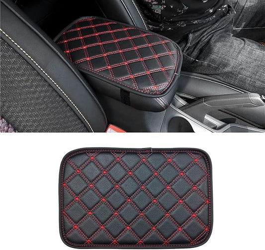 8sanlione Car Leather Center Console Cushion Pad, 11.4"x7.4" Waterproof Armrest Seat Box Cover Fit for Cars, Vehicles, SUVs, Comfort, Car Interior Protection Accessories (Black/Red-2)