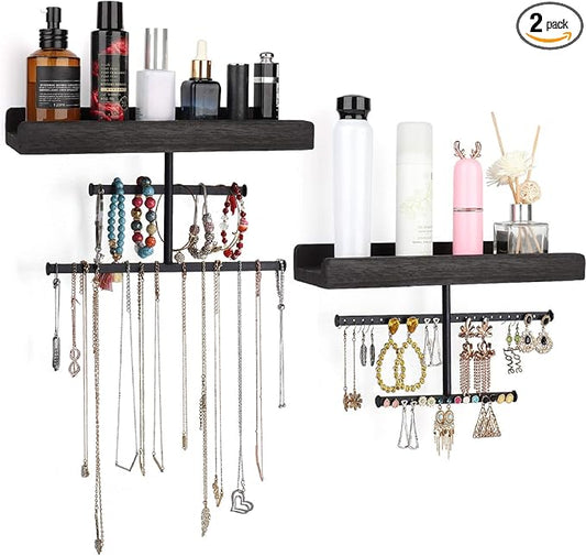 Keebofly Hanging Wall Mounted Jewelry Organizer with Rustic Wood Jewelry Holder Display for Necklaces Bracelet Earrings Ring Set of 2 Black,[Patented]