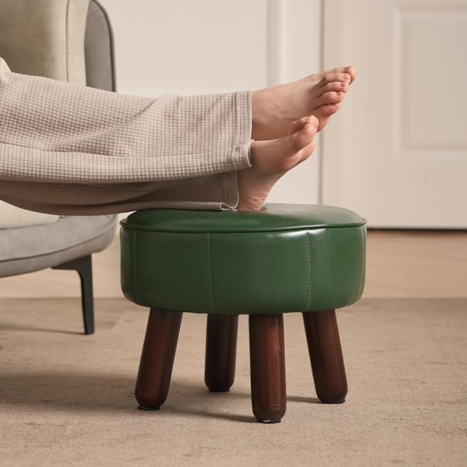 oakvivo 13in Small Foot Stool Ottoman, Round Faux Leather Foot Rest for Couch, Under Desk Pouf Footstool Footrest with Non-Skid Rubber Legs for Ling Room, Bedroom, 13''L x 13''W x 10.2''H, Green