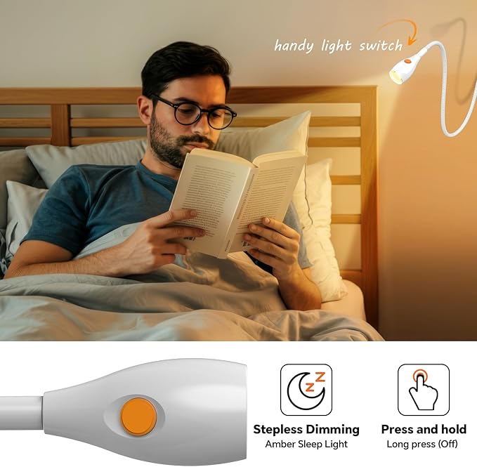 Wall Mounted Reading Light, Minimalist Headboard Mount Book Light, Dimmable LED with Lamp Head Switch Reading Lamp, USB-C Powered, CRI 95+ (4000K + Amber Nightlight) -White