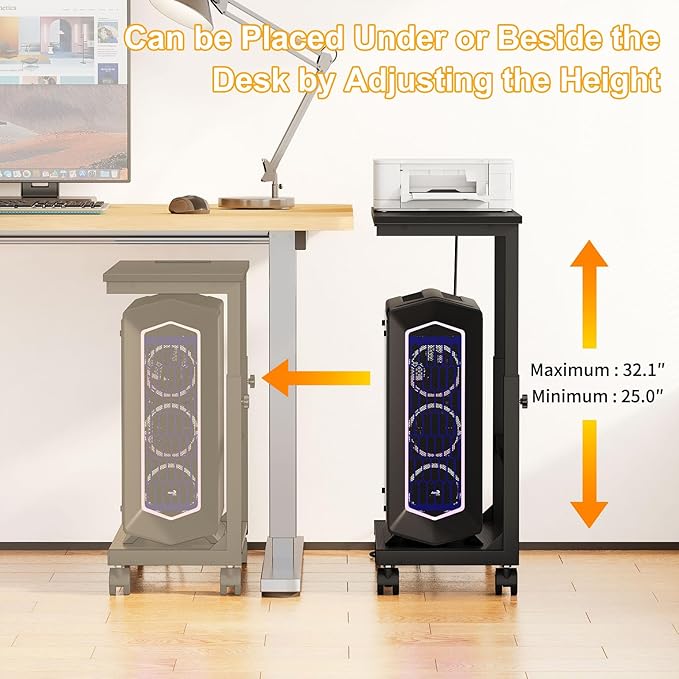 Snughome Height Adjustable PC Tower Stand with Charging Station, Rolling CPU Cart with USB & Locking Wheels, 25.0"-32.1", Computer Tower Stand Floor Stand for Home Office Gaming Desk