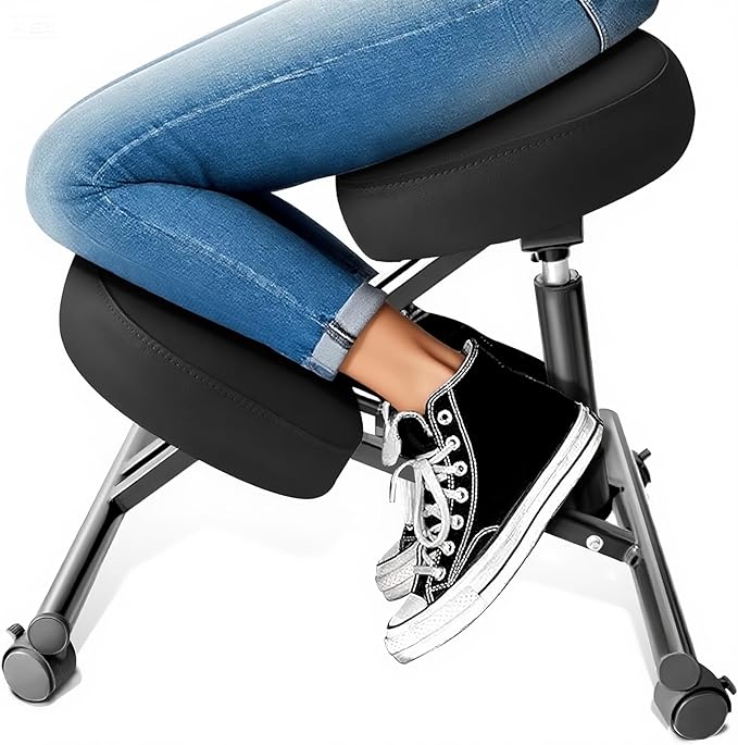 PU Leather Ergonomic Kneeling Chair, Adjustable Home and Office Stool with Thick Pads and Flexible Lockable Brake Wheels for Back Pain Relief (Dark Black)