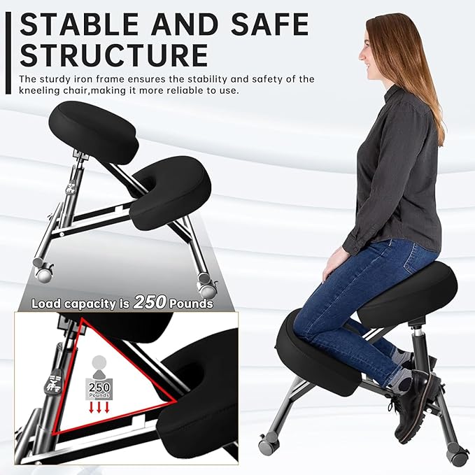 PU Leather Ergonomic Kneeling Chair, Adjustable Home and Office Stool with Thick Pads and Flexible Lockable Brake Wheels for Back Pain Relief (Dark Black)