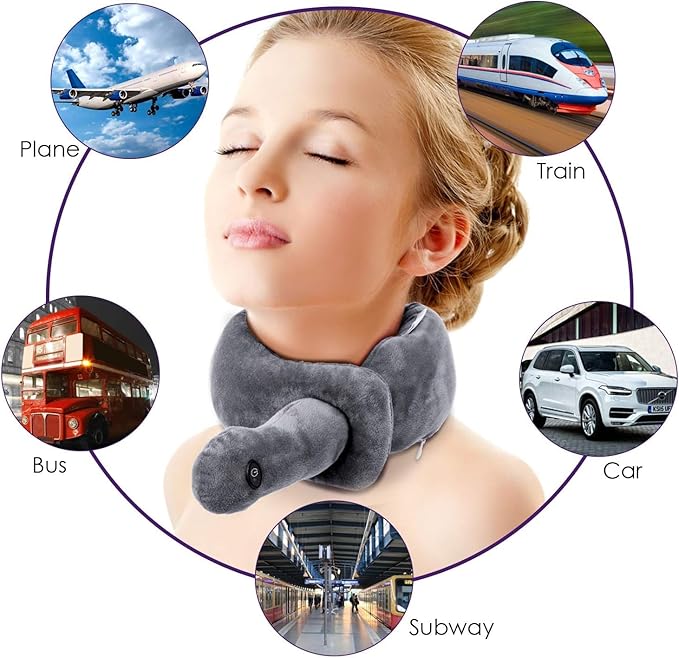 Travel Pillows,Wireless Airplane Massage Pillow Neck Support with 3 Vibration Modes,Vibration Wrap Neck Massage,Battery Operated Adjustable Pillow for Neck Pain Relief